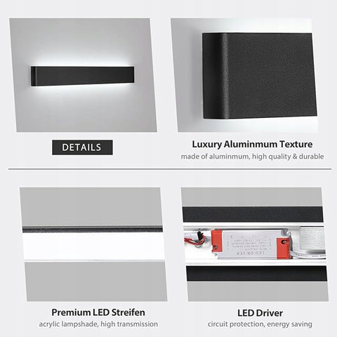 Aplique LED moderno en metal aluminio, Negro, 61 cm, Iluminación, Luz blanca, 18W, Lámpara para Salón Dormitorio