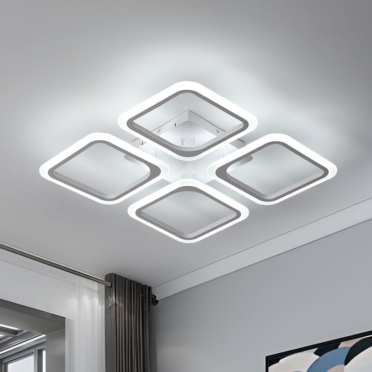 LED-plafondlamp, vierkant wit*4 koppen, acryl, 46W 6500K koel wit licht, voor woonkamer slaapkamer