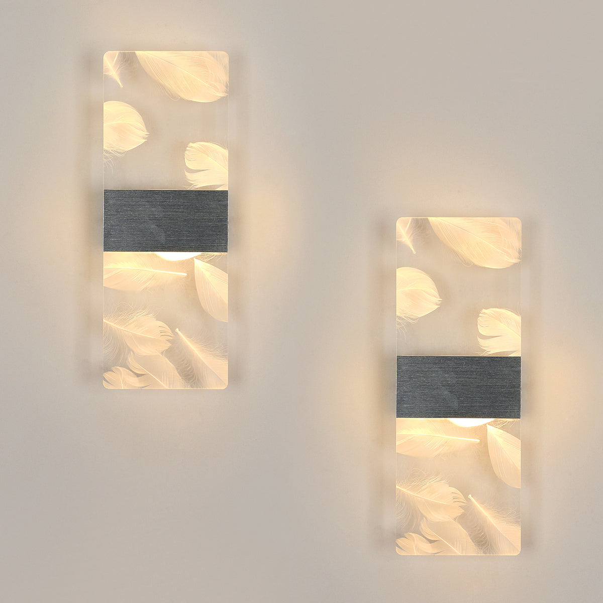 2 silberne Flur-Wandleuchten aus Acryl, Federdesign, weißes Licht mit 6500 K Farbtemperatur, 12 W