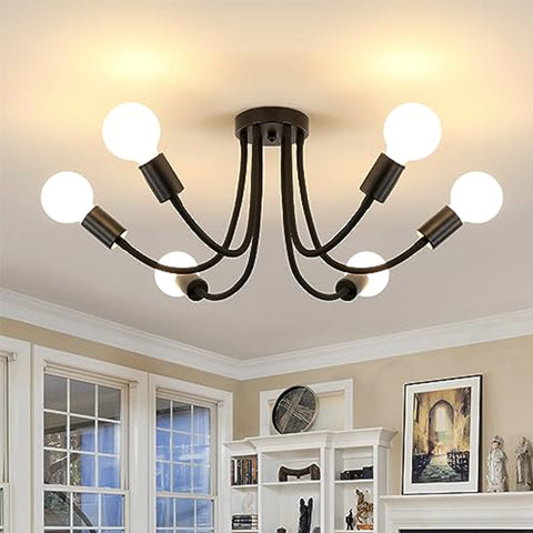 Lámpara de techo de hierro industrial vintage - 6 cabezas, negro, 90 * 47 cm, casquillos E27, sin fuente de luz, lámpara de techo de ángulo ajustable para sala de estar dormitorio