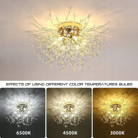 Lámpara de techo de cristal de lujo con diente de león, dorado, 50 x 30 cm, 6 luces, base G9 (sin bombilla), para sala de estar