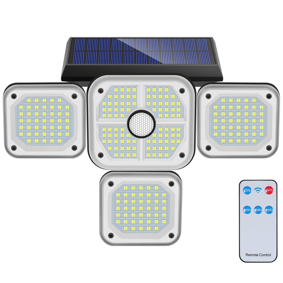 Solarlampe für den Außenbereich, Bewegungsmelder, 4 Köpfe, 231 LEDs, Solarleuchte für den Außenbereich, mit Fernbedienung, IP65, wasserdichte Solar-Außenbeleuchtung, 3 Spot-Modi, LED-Solarprojektor, Garten, Kaltweiß