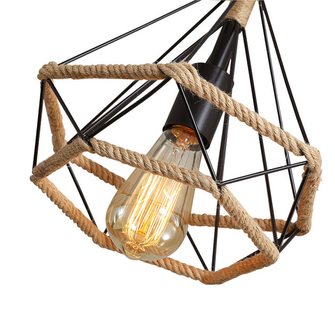 Lámpara de techo con jaula de cuerda de cáñamo, lámpara colgante industrial, cuerda de cáñamo con forma de diamante de 25cm