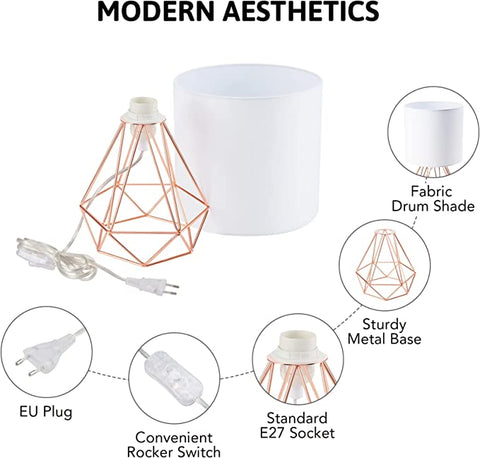 Lámpara de mesa moderna con pantalla para dormitorio, lámpara tipo jaula para sala de estar con acabado cromado y pantalla blanca (oro rosa) Bombillas no incluidas