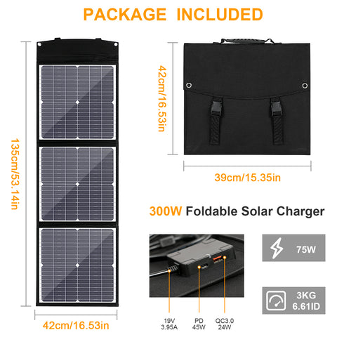 Panel solar MonocBN plegable y eficiente de 75W, bolsa plegable de viaje con cargador para exteriores con 3 paneles solares DC/USB/TYPE-C