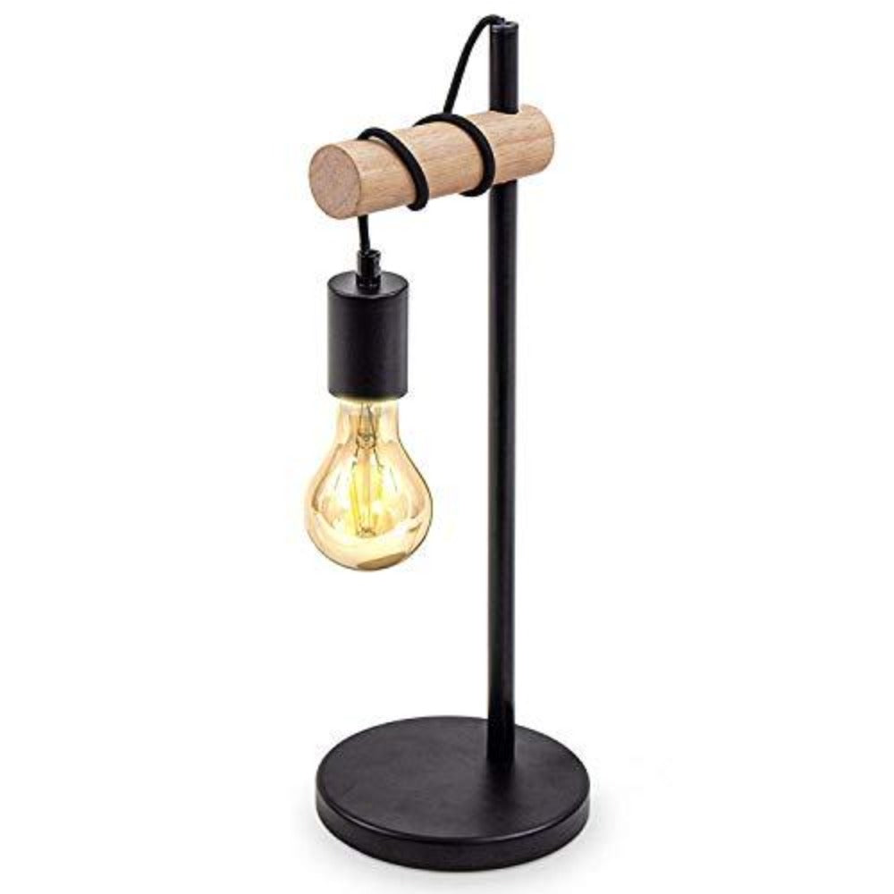 Lámpara de Mesa, Lámpara de Lectura de Diseño Retro, Madera y Metal, Iluminación de Oficina y Dormitorio, Lámpara de Noche, Para Bombilla LED E27 10W Máx.(Negro)