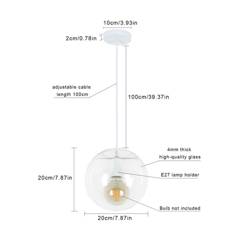 Goeco E27 Lámpara Colgante De Bola De Vidrio Lámpara Colgante De Vidrio Transparente Portalámparas Negro, Vidrio, 20cm