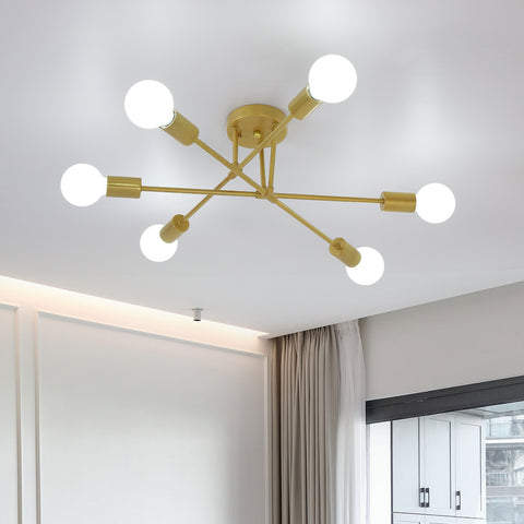 Moderne LED-plafondlamp, retro kroonluchter vintage hanglamp 6 lampen E27 voet, metalen kroonluchter verlichtingsarmatuur lamp voor woonkamer slaapkamer keuken hal zolder eetkamer bar café, goud (zonder lampen)