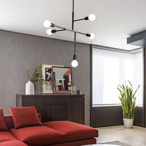 Vintage industriële kroonluchter E27-basis, 5-lichts Sputnik moleculair plafondlicht, semi-inbouw geometrische metalen binnenhanglamp voor woonkamer, slaapkamer, eetkamer en keuken (zwart)