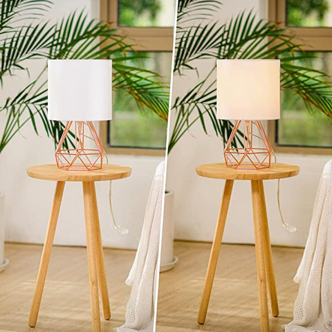 Lámpara de mesa moderna con pantalla para dormitorio, lámpara tipo jaula para sala de estar con acabado cromado y pantalla blanca (oro rosa) Bombillas no incluidas