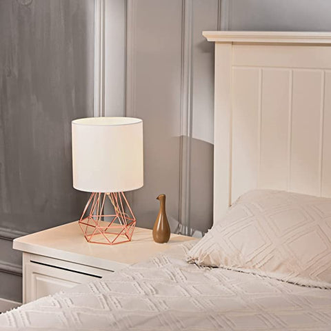 Lámpara de mesa moderna con pantalla para dormitorio, lámpara tipo jaula para sala de estar con acabado cromado y pantalla blanca (oro rosa) Bombillas no incluidas