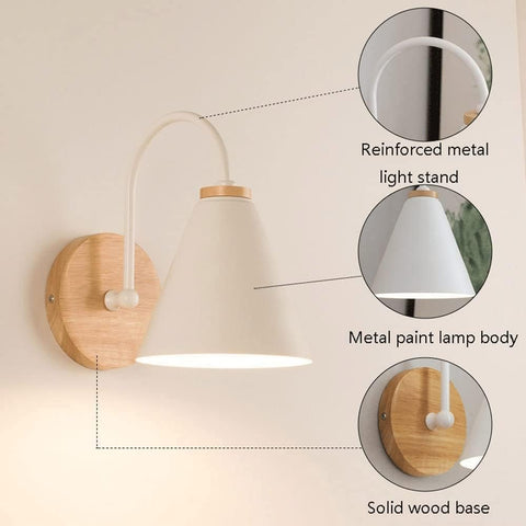 Lámpara de pared de cabecera de madera escandinava con bombilla E27 de 5W (blanco cálido) Para dormitorio, sala de estar, pasillo, entrada Blanco