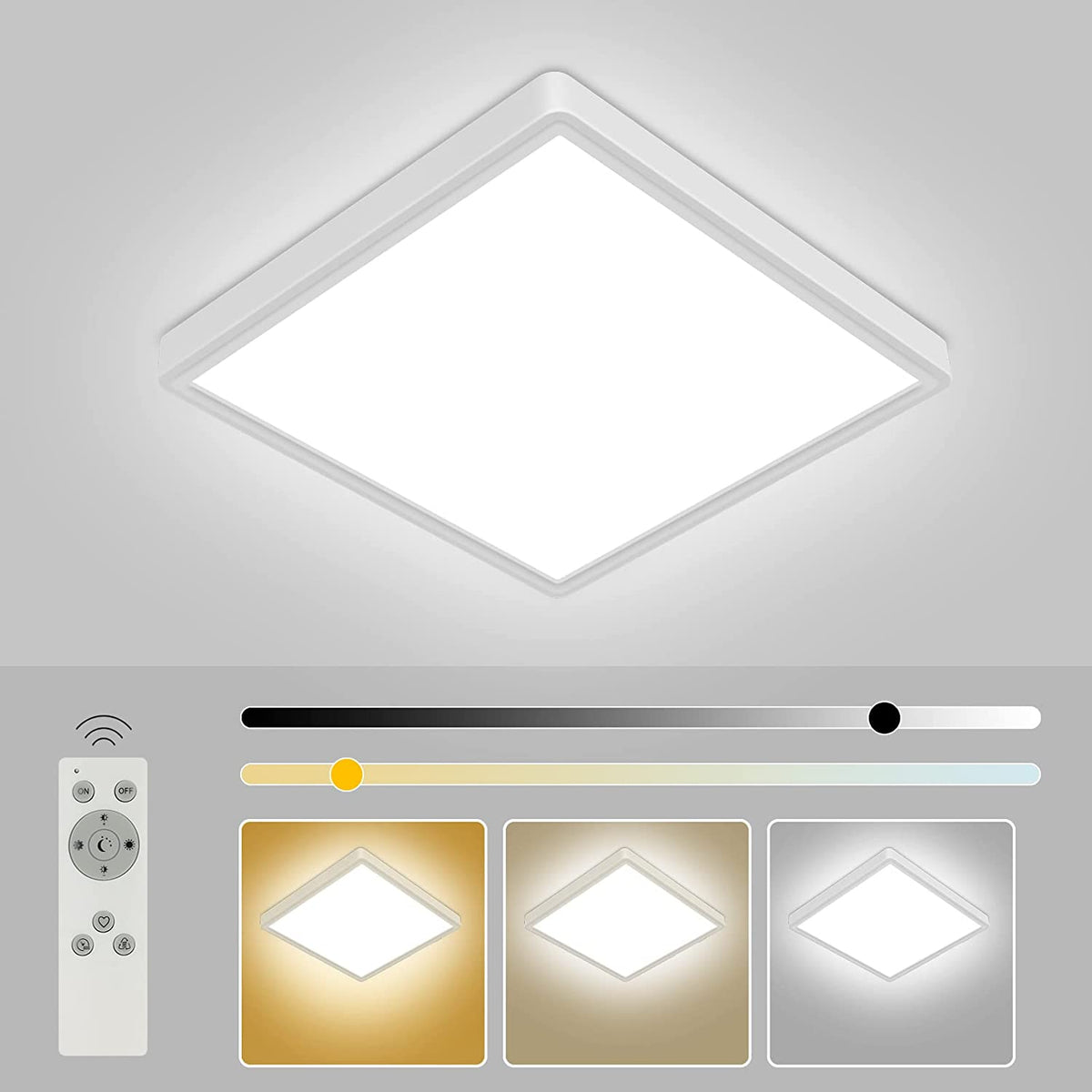 Plafonnier LED Dimmable, 24W Carré Luminaire Plafond avec Télécommande