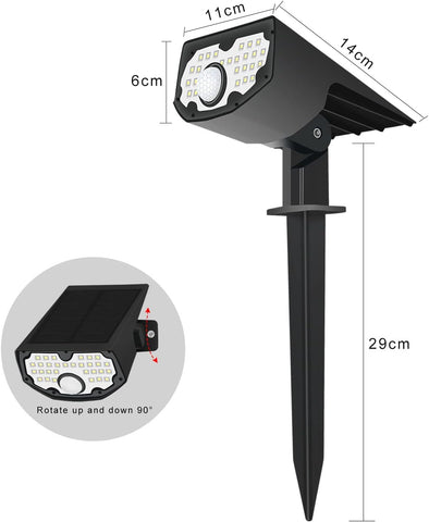 2 szt. Zewnętrzna lampa solarna, słoneczna lampa ogrodowa z czujnikiem ruchu, 30 diod LED chłodna biel 6100-6800 K 650 lm Zewnętrzny reflektor solarny IP67 Wodoodporne oświetlenie 3 tryby, na dziedziniec, podjazd, ścieżkę