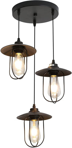 Lámpara de araña industrial, lámpara colgante vintage de 3 llamas con diseño industrial, lámpara colgante retro con 3 jaulas de metal, color: negro, casquillo: E27, 3 luces