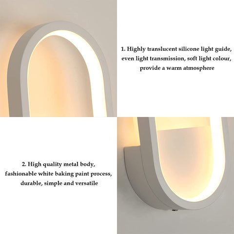 Lámpara de pared LED moderna, 3000K, 4000K, 6000K Lámpara de pared ajustable de 3 colores, iluminación de pared interior ovalada de 10W para pasillo, dormitorio, sala de estar (control de interruptor) blanco