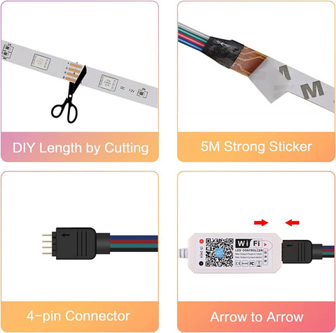 Tira LED WiFi Inteligente 5m 5050 RGB Control de Aplicación, IP65 Tira de Luz Flexible Multicolor Impermeable con Control Remoto para el Hogar Cocina Televisión Dormitorio Fiesta Decoración Festiva