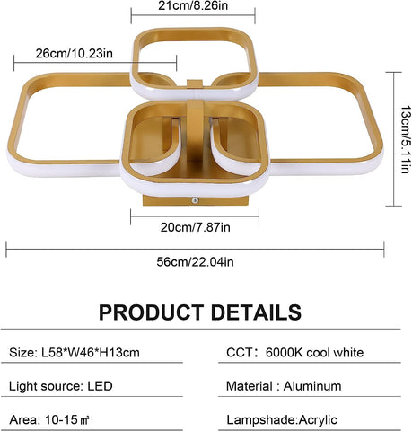 Lámpara de techo LED de diseño moderno, lámpara de techo circular cuadrada, blanco frío 6000K para sala de estar, dormitorio, comedor, oficina, dorado