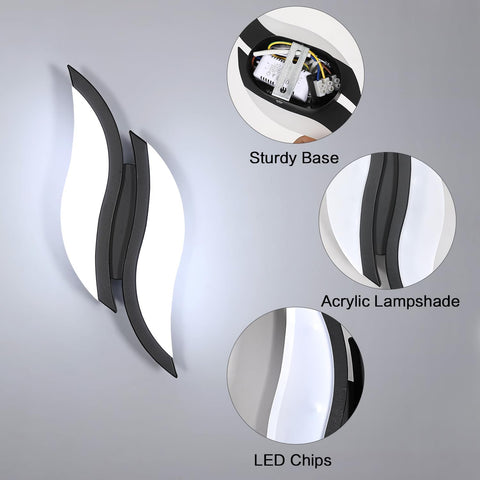 Lámpara de pared LED para interiores, lámpara de pared moderna, 12 W, 2300 lm, iluminación acrílica, lámpara de pared para sala de estar, dormitorio, escaleras, luz blanca fría de 6500 K, color negro