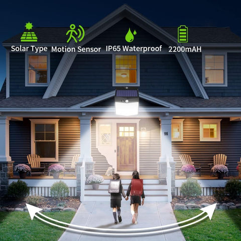 2 luces solares de pared para exteriores, 288 LED, sensor de movimiento, lámpara de pared LED, blanco frío, 6000 K, para patio, jardín, pasillo, terraza, cerca de la pared, camino, patio, villa