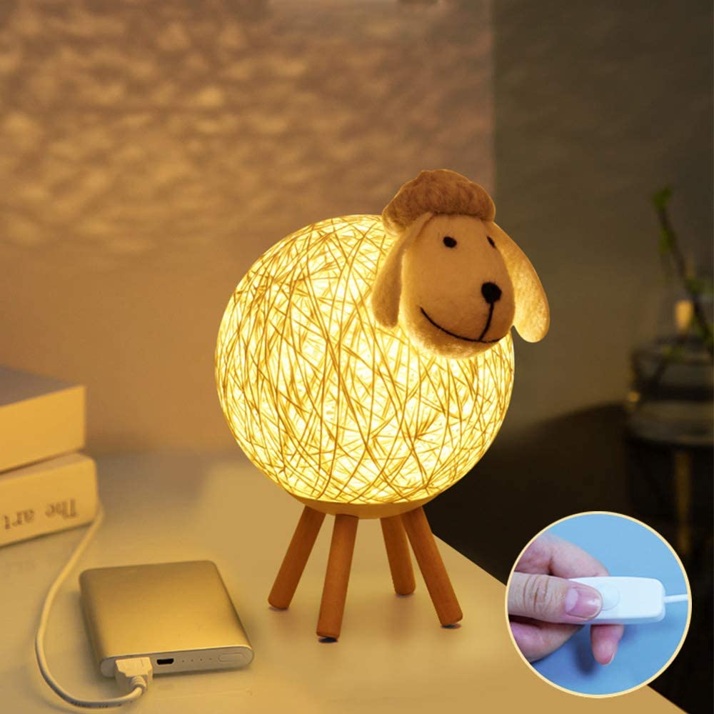 Mouton Lampe de Chevet en Rotin, Veilleuse Enfant Projecteur, Lampe Nuit LED