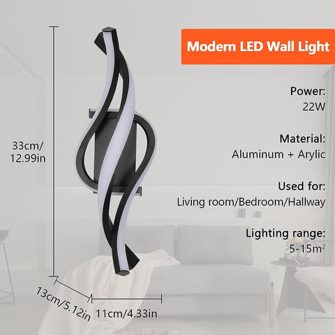 22W Kinkiet LED Nowoczesny kinkiet w kształcie spirali Neutralna biel 4000K Do sypialni, salonu, przedpokoju, wejścia Czarny