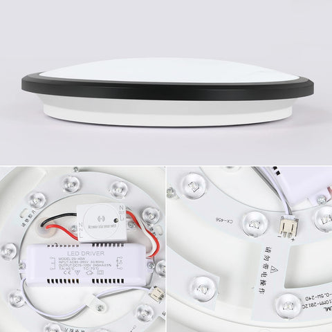 LED-Deckenleuchte, rund, 24 W, moderne Deckenleuchte, schwarze Deckenleuchte mit Bewegungsmelder, IP54 wasserdicht, staubdicht, LED-Innenlampe für Badezimmer, Balkon, Flur, Eingang, 6000 K