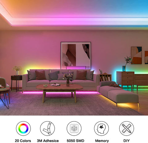 Tira LED de 5M, Tira LED RGB 5050 12V Dormitorio, 20 Colores Regulables, Tira LED Multicolor IP20 Adhesivo 3M Mejorado con Control Remoto de 24 Botones para Decoraciones de Interiores, Fiestas y Navidad