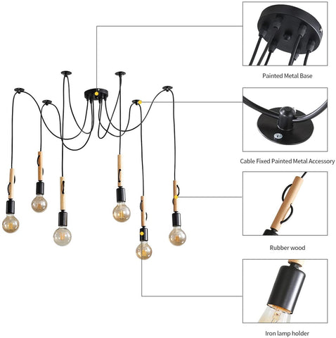 Lámpara colgante industrial Lámpara de techo industrial vintage E27 con cable de 1,8 m para comedor, sala de estar, bar, restaurante, 6 cabezales, ajustable, de madera