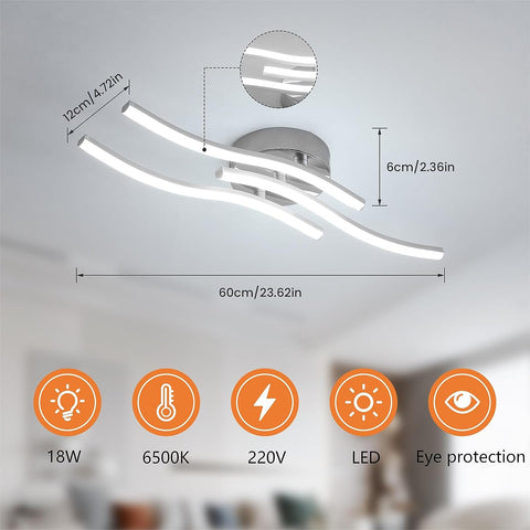 Lampa sufitowa LED, lampa wisząca w kształcie fali, zintegrowane diody LED 18W 1600 lumenów, nowoczesny żyrandol do salonu lub kuchni, 220V IP20 zimne białe światło 6500K