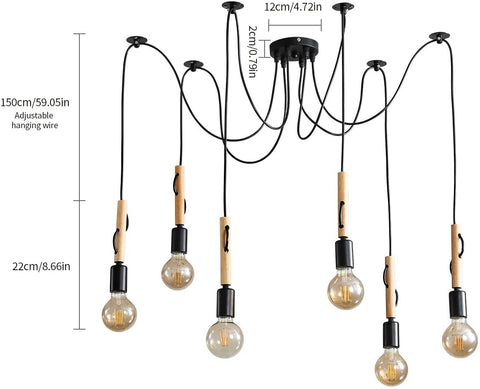Lámpara colgante industrial Lámpara de techo industrial vintage E27 con cable de 1,8 m para comedor, sala de estar, bar, restaurante, 6 cabezales, ajustable, de madera