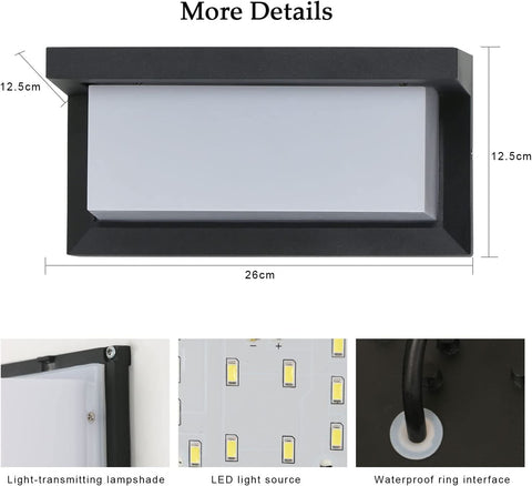 Aplique de pared para exterior de 16 W, lámpara de pared LED impermeable IP65, apliques de pared para exterior impermeables cuadrados para balcón, jardín, terraza, blanco frío 6500 K, negro
