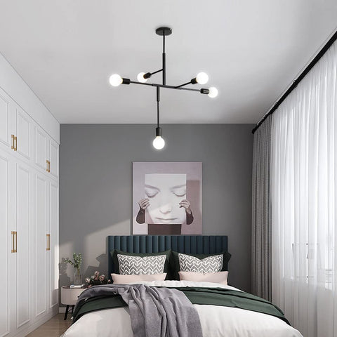 Vintage industriële kroonluchter E27-basis, 5-lichts Sputnik moleculair plafondlicht, semi-inbouw geometrische metalen binnenhanglamp voor woonkamer, slaapkamer, eetkamer en keuken (zwart)