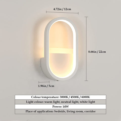 Lámpara de pared LED moderna, 3000K, 4000K, 6000K Lámpara de pared ajustable de 3 colores, iluminación de pared interior ovalada de 10W para pasillo, dormitorio, sala de estar (control de interruptor) blanco
