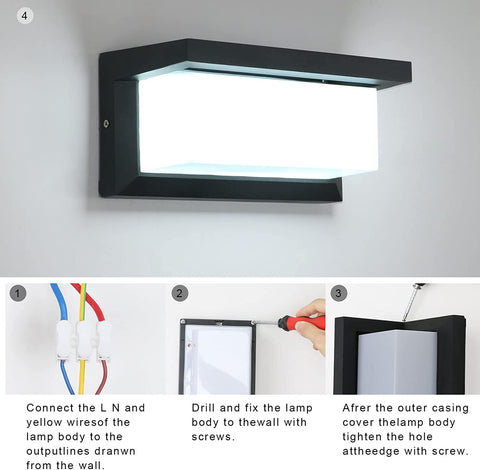 Aplique de pared para exterior de 16 W, lámpara de pared LED impermeable IP65, apliques de pared para exterior impermeables cuadrados para balcón, jardín, terraza, blanco frío 6500 K, negro