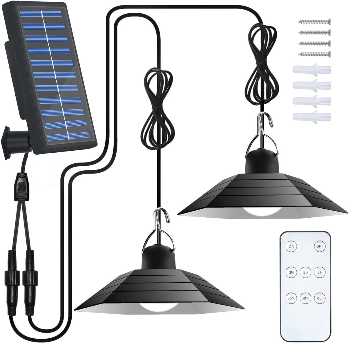 Solarleuchte für den Außenbereich und Innenbereich, dimmbarer Solar-Kronleuchter mit 2 Lichtern, 3 Helligkeiten, wasserdicht, ferngesteuerte Hängelampe für Garten, Garage, Balkon, Flur