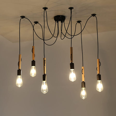 Lámpara colgante industrial Lámpara de techo industrial vintage E27 con cable de 1,8 m para comedor, sala de estar, bar, restaurante, 6 cabezales, ajustable, de madera