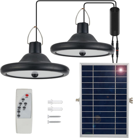 Luz solar exterior interior, lámpara colgante solar de doble cabezal con sensor de movimiento y control remoto, cable de 5 m impermeable IP65 para jardín, patio, balcón, garaje, granero