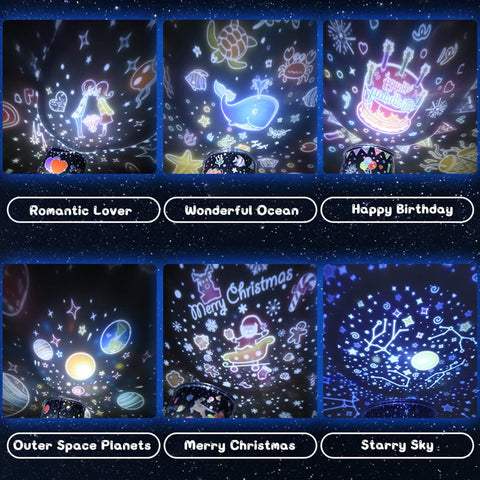 Proyector de luz nocturna para bebé, luz nocturna LED para niños, lámpara musical y luminosa, rotación de 360° con 8 música, 6 películas temáticas, lámpara de proyector de estrellas con control remoto USB Lámparas de noche Lámparas de humor