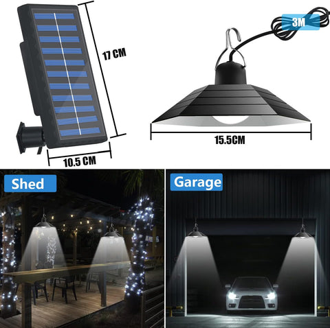 Lámpara solar para exteriores e interiores, lámpara solar regulable con 2 lámparas, 3 brillos, impermeable, suspensión con control remoto para jardín, garaje, balcón, pasillo