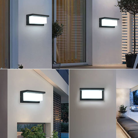 Aplique de pared para exterior de 16 W, lámpara de pared LED impermeable IP65, apliques de pared para exterior impermeables cuadrados para balcón, jardín, terraza, blanco frío 6500 K, negro