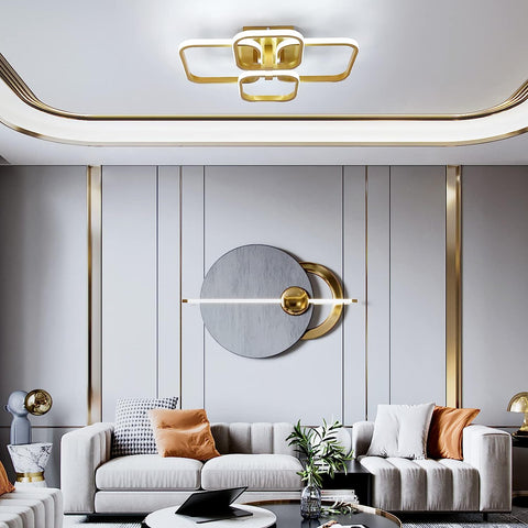 Lámpara de techo LED de diseño moderno, lámpara de techo circular cuadrada, blanco frío 6000K para sala de estar, dormitorio, comedor, oficina, dorado