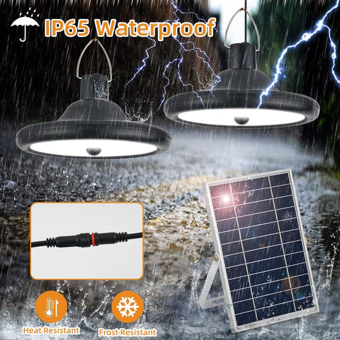 Luz solar exterior interior, lámpara colgante solar de doble cabezal con sensor de movimiento y control remoto, cable de 5 m impermeable IP65 para jardín, patio, balcón, garaje, granero