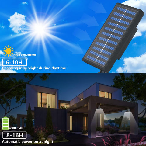 Lámpara solar para exteriores e interiores, lámpara solar regulable con 2 lámparas, 3 brillos, impermeable, suspensión con control remoto para jardín, garaje, balcón, pasillo