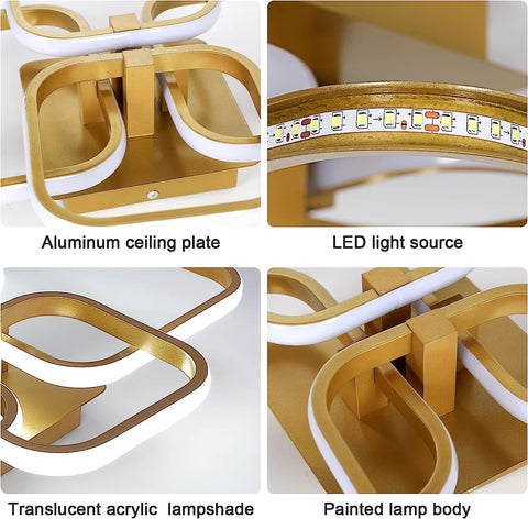 Lámpara de techo LED de diseño moderno, lámpara de techo circular cuadrada, blanco frío 6000K para sala de estar, dormitorio, comedor, oficina, dorado