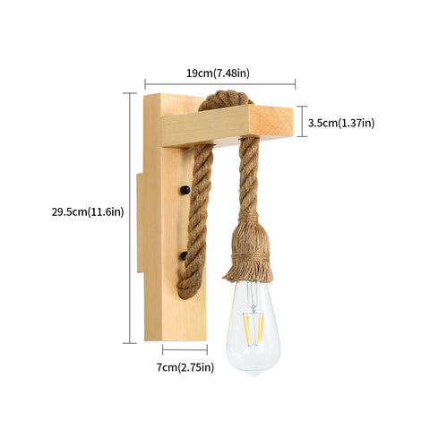 Aplique de pared de madera retro, focos de pared industriales vintage, lámparas de pared de cuerda de cáñamo creativas E27 para dormitorio, balcón, pasillo, cocina, escaleras