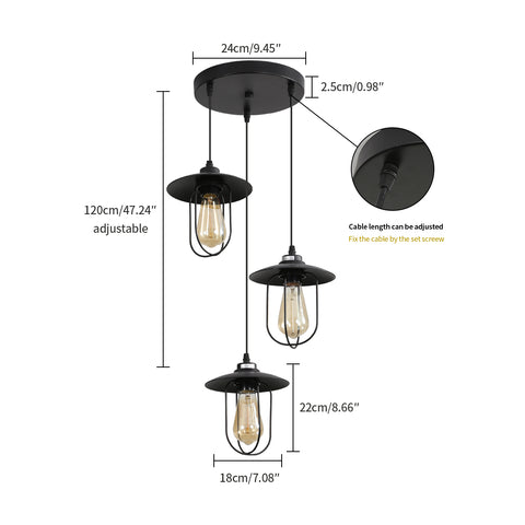 Lámpara de araña industrial, lámpara colgante vintage de 3 llamas con diseño industrial, lámpara colgante retro con 3 jaulas de metal, color: negro, casquillo: E27, 3 luces