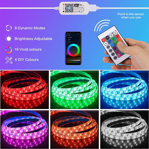 Tira LED WiFi Inteligente 5m 5050 RGB Control de Aplicación, IP65 Tira de Luz Flexible Multicolor Impermeable con Control Remoto para el Hogar Cocina Televisión Dormitorio Fiesta Decoración Festiva