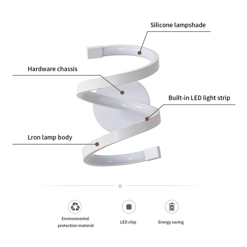 Lámpara de pared LED para interiores, lámpara de pared en espiral blanca de 18W, lámpara de pared moderna para dormitorio, pasillo, oficina, luz blanca fría 6500K