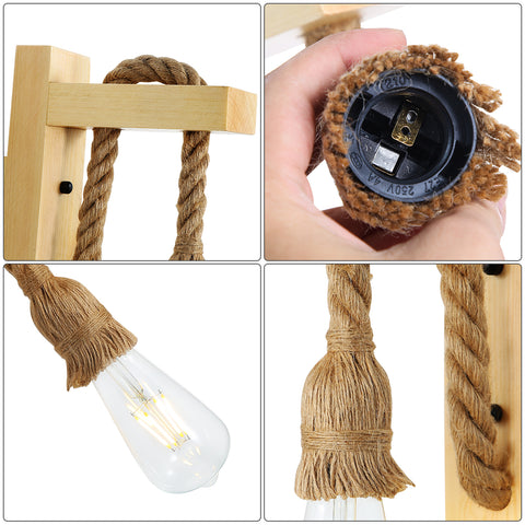 Aplique de pared de madera retro, focos de pared industriales vintage, lámparas de pared de cuerda de cáñamo creativas E27 para dormitorio, balcón, pasillo, cocina, escaleras